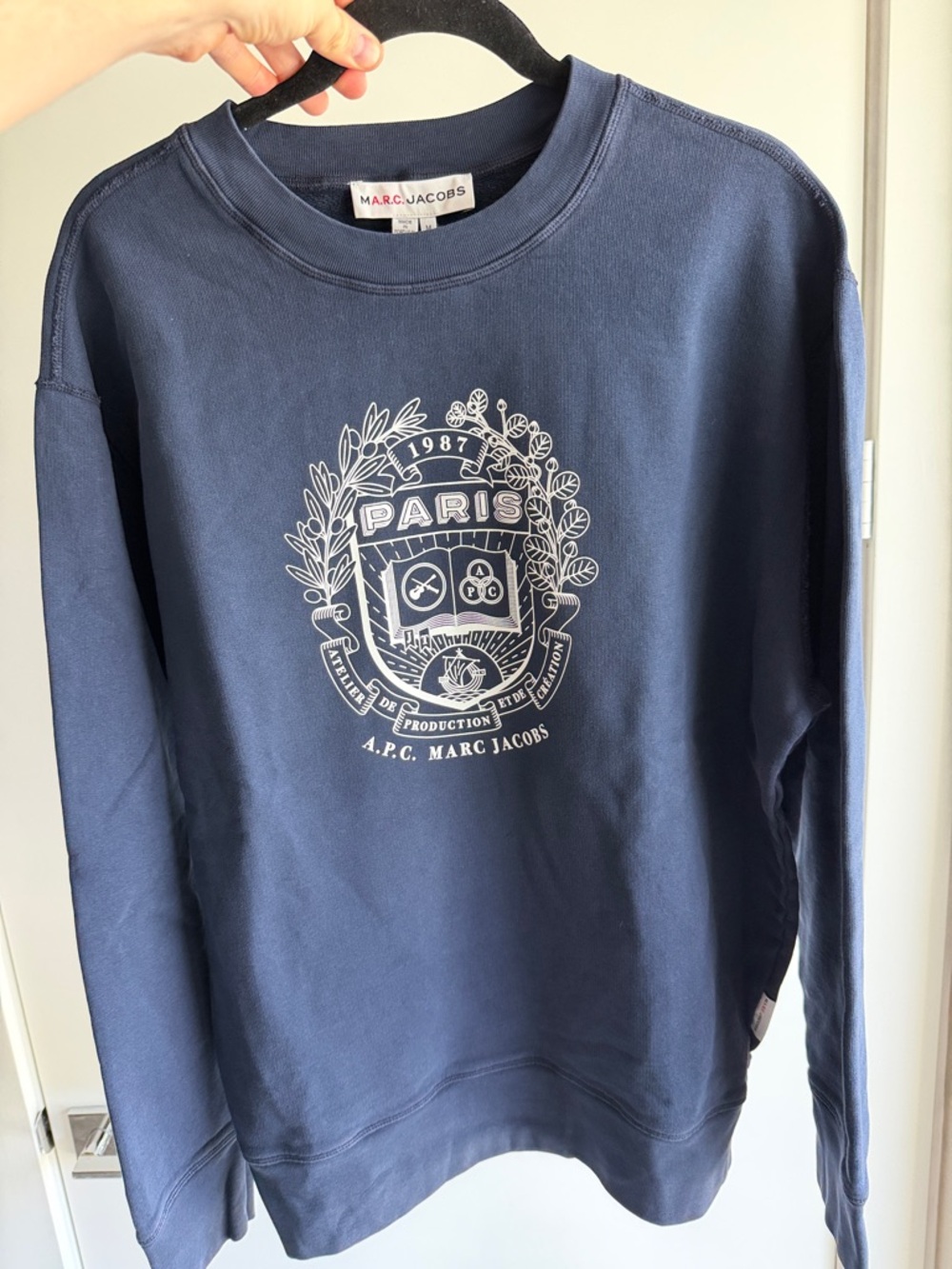A.P.C. X Marc Jacobs Navy Crewneck Sweatshirt with White Paris Crest